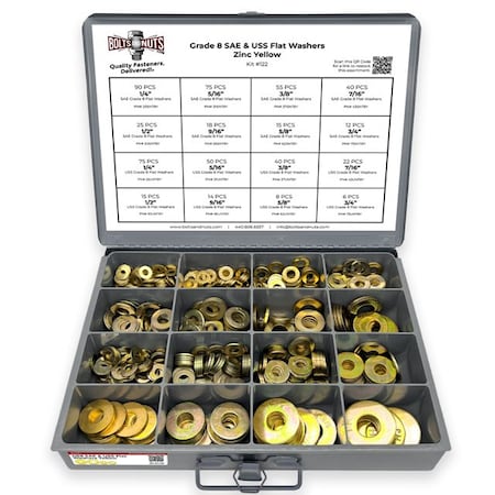 Boltsandnuts.Com Grade 8 SAE & USS Flat Washers Zinc Yellow - 561 pcs Assortment Kit #122